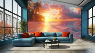   Sunset on a tropical beach with palm trees in the foreground and a wave crashing onto the shore Wall mural