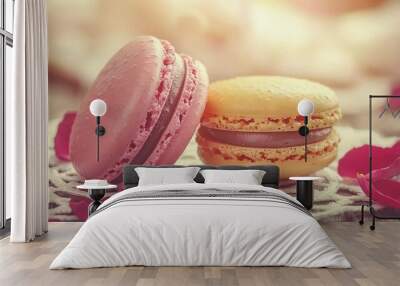   Two macaroons on a doily with rose petals Wall mural