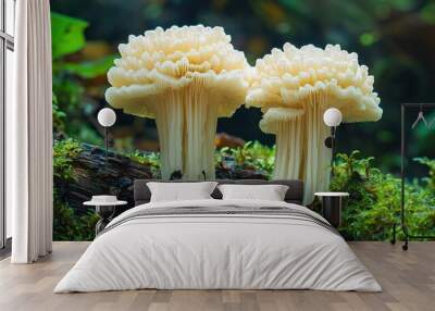   Two mushrooms sit atop a mossy tree branch amidst a lush forest canopy Wall mural