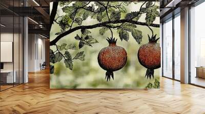   Two pomegranates on a tree branch in front of leafy background Wall mural