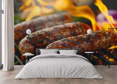   Two sausages on a grill with hot sauce and ketchup visible in a close-up Wall mural