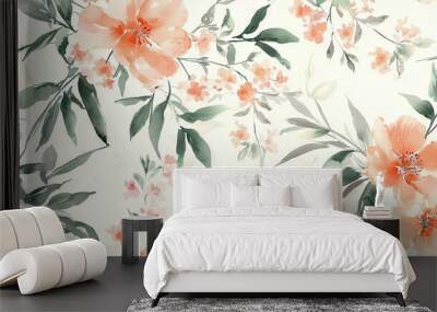   White background with orange flowers & green leaves Wall mural