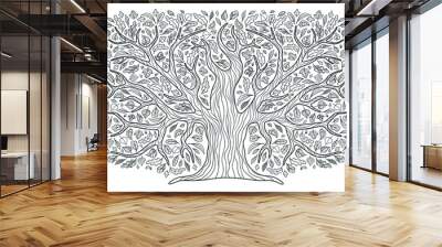 A big tree, a family tree. Oak in a decorative style. The contour. For the design of magazines, booklets, books, etc. Isolated on a white background. Wall mural