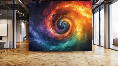 a close up of a colorful swirl in the center of a black and blue space with stars in the background. Wall mural