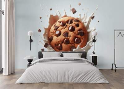 A cookie with chocolate chips milk splash on solid white background. ai generative Wall mural