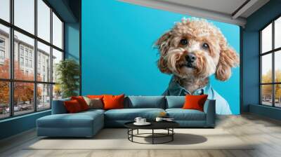 a dog in casual clothes with a curly hairstyle, concept of Pet fashion on solid blue background Wall mural