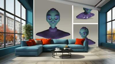 A glossy alien bust with green skin and purple accents is shown from three angles. The stylized figure has large eyes, a small mouth, and a textured surface, creating an intriguing look Wall mural