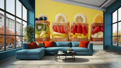 a group sandwiches sitting cutting board next to a slice piece of bread. Wall mural