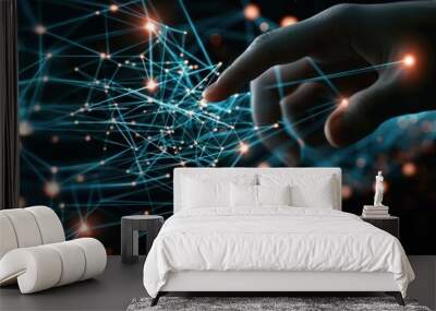 A human finger touching a network of glowing digital connections on a dark background, concept of connectivity Wall mural