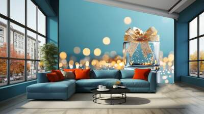 A noble gift made of solid glass with blurred gold bokeh lights. Christmas or birthday corporate gift. Wall mural