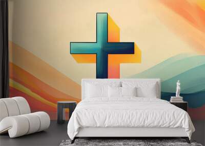 A simple geometric gradient colorful Christian cross on a background with a symmetrical minimalist texture resembling paper or painting. 4k illustration Wall mural