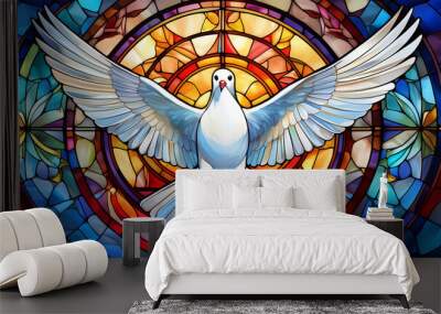 A white dove, symbolizing peace, hope and the Holy Spirit, against the background of a beautiful, colorful church stained glass window. 4K wallpaper Wall mural