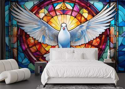 A white dove, symbolizing peace, hope and the Holy Spirit, against the background of a beautiful, colorful church stained glass window. 4K wallpaper Wall mural