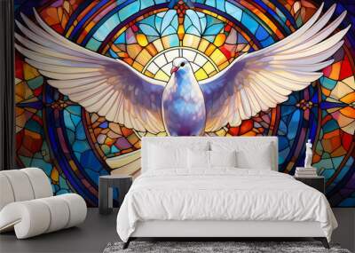 A white dove, symbolizing peace, hope and the Holy Spirit, against the background of a beautiful, colorful church stained glass window. 4K wallpaper Wall mural