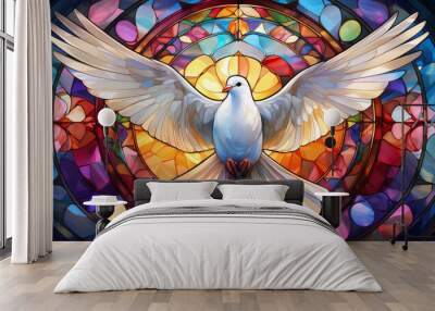 A white dove, symbolizing peace, hope and the Holy Spirit, against the background of a beautiful, colorful church stained glass window. 4K wallpaper Wall mural