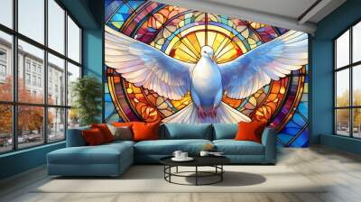 A white dove, symbolizing peace, hope and the Holy Spirit, against the background of a beautiful, colorful church stained glass window. 4K wallpaper Wall mural