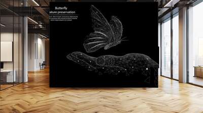 Abstract image Butterfly and hand in the form of lines and dots, consisting of triangles and geometric shapes. 3D Low poly vector background. Nature protection. Black and white image Wall mural