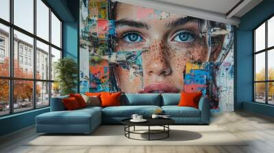 abstract modern art collage portrait captured the essence of the young woman. ai generative Wall mural