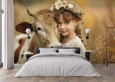 adorable little lady with cow on medow Wall mural