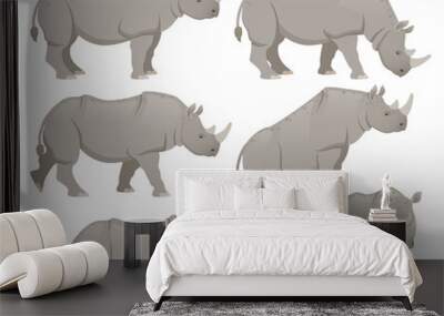 African rhinoceros set. Different poses animal design. Vector illustration isolated on white background Wall mural