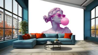 an antique female bust sculpture in modern sunglasses makes a bubble with the gum. minimal pop cultu Wall mural