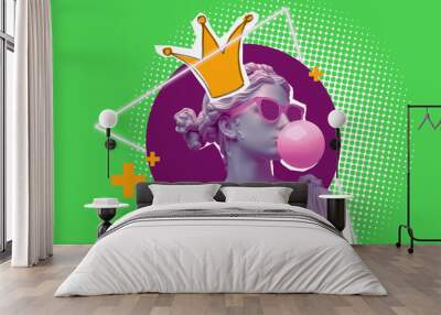 An antique female bust sculpture in modern sunglasses makes a bubble with the gum. Minimal pop culture concept art. Isolated on free PNG Background. Wall mural