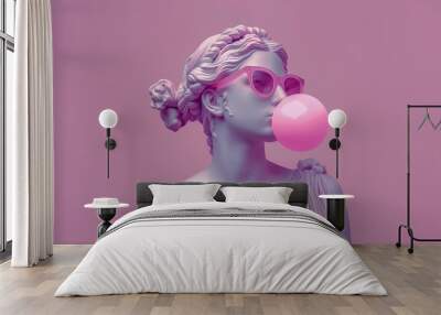 An antique female bust sculpture in modern sunglasses makes a bubble with the gum. Minimal pop culture concept art. Wall mural