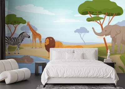 Animals from the African continent at watering holes on the background of nature in a cartoon style. Carnivores and herbivores from the hot area. Vector illustration Wall mural