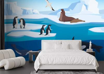 Animals from the Antarctic in a natural environment on icebergs cartoon style. Terrestrial and underwater animals. Predators and birds of cold regions. Vector illustration Wall mural