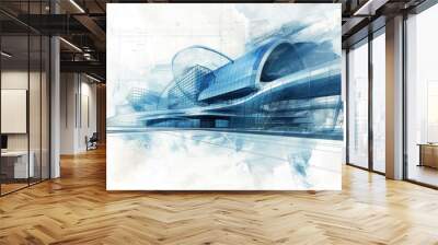 Architectural Blueprint of a Futuristic Building Wall mural