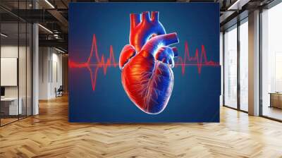 Artistic Human Heart and ECG Line. An artistic representation of a realistic human heart blue science background Wall mural