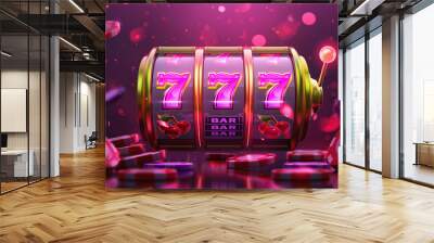 Banner of mobile online casino application with 777 big win slot machine. Poster with online mobile app casino and Jackpot 777. Wall mural