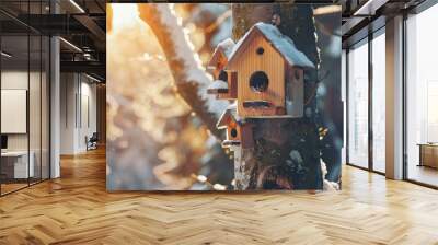 birdhouses on tree close up winter sunny day weather Wall mural