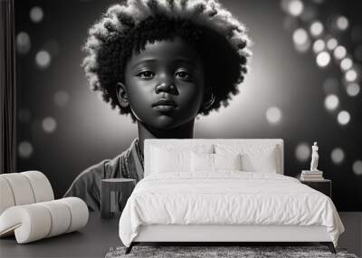 black and white portrait of a african american boy praying by candlelight. ai generative Wall mural