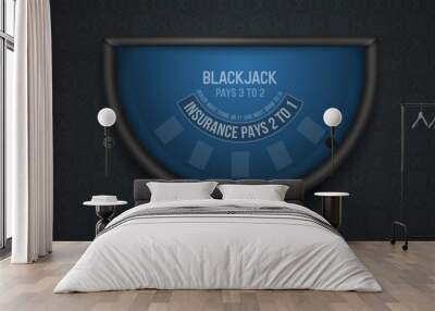 Black jack table with blue cloth on dark background. Vector illustration. Wall mural