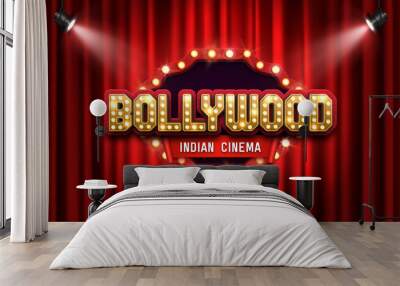 Bollywood indian cinema. Movie banner or poster on red curtain background illuminated by spotlights. Vector illustration. Wall mural