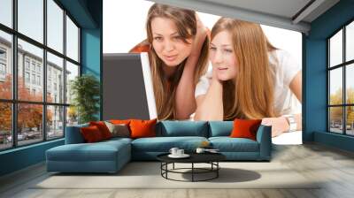 two young happy student girl work on laptop computer isolated on Wall mural