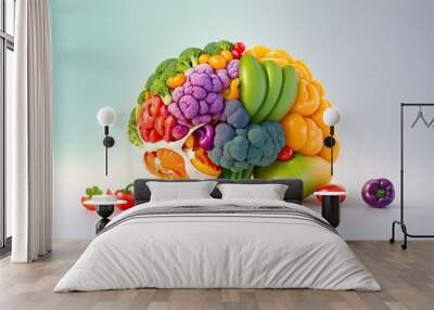 Brain shape made of vegetables on a bed of lettuce ai generative Wall mural