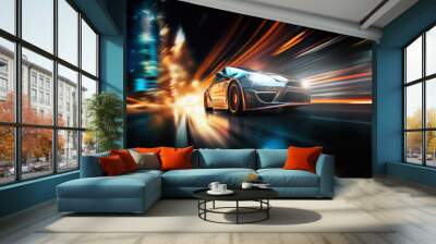 car drives fast through the big city. speed concept. Generative AI Wall mural