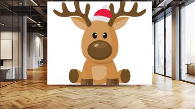 Cartoon Christmas deer vector in red hat Wall mural