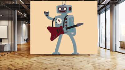 Cartoon robot rocker playing guitar. T-shirt graphic. Vector Wall mural