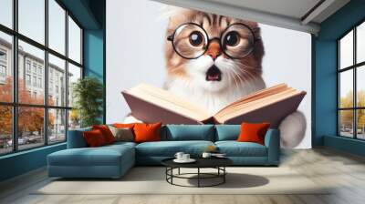 cat with glasses reading a book on white background. ai generative Wall mural