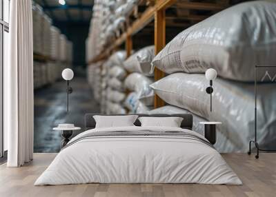 Close-up of a warehouse with bulk rice or sugar bags in a distribution center. White bag rice storage barn Wall mural