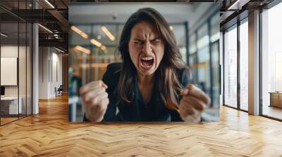 Closeup portrait of angry, frustrated woman, holding fists at camera. Negative human emotions and facial expressions Wall mural