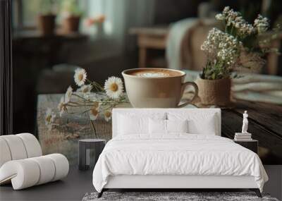 Coffee Table: A realistic photo of an elegant coffee cup on a wooden table, accompanied by cookies and fresh flowers, creating a Wall mural