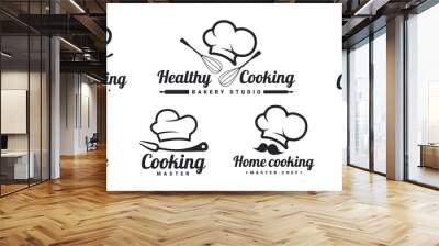 Cooking logo set with Chef hats, mustache and kitchen tools. Home baking, healthy cooking, homemade . Kitchen phrases. Vector Illustration Wall mural