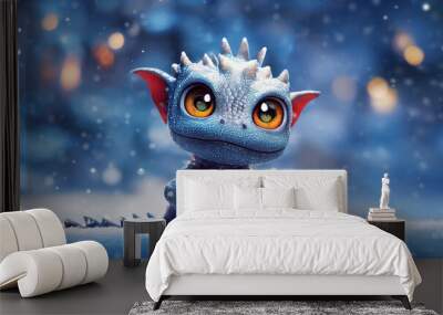 cute baby dragon in a winter forest on a winter day. christmas dragon. Wall mural