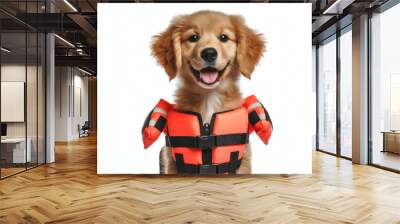 cute dog with life vest and floatation device Isolated on solid white background. ai generative Wall mural