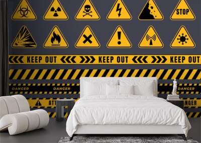 Danger signs that warn of possible danger to life and health. Prohibition strips of fencing. Yellow triangle warning of danger. Vector illustration Wall mural