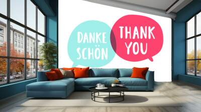 Danke, thank you. Bilingual translation concept. Vector hand drawn, lettering illustration on white background. Wall mural